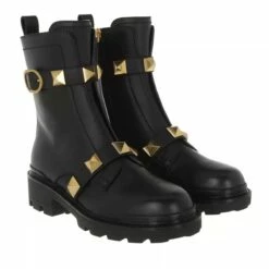 Valentino Garavani Roman Stud Combat Boots Leather Black Bottes De Motard