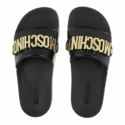 MOSCHINO Sabotd.Pool25 Pvc Logo Mule Nero/Oro Claquette -Pas Cher Fashionette Magasin a0149160 moschino 4